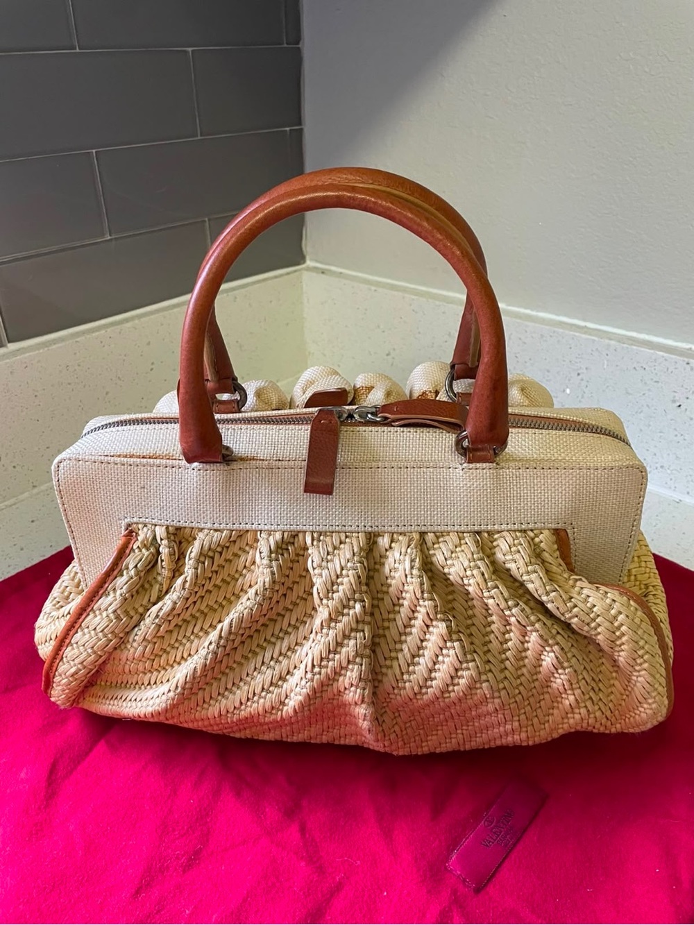 Valentino Garavani Neutral Straw and Tan Leather Satchel - Picture 6 of 7